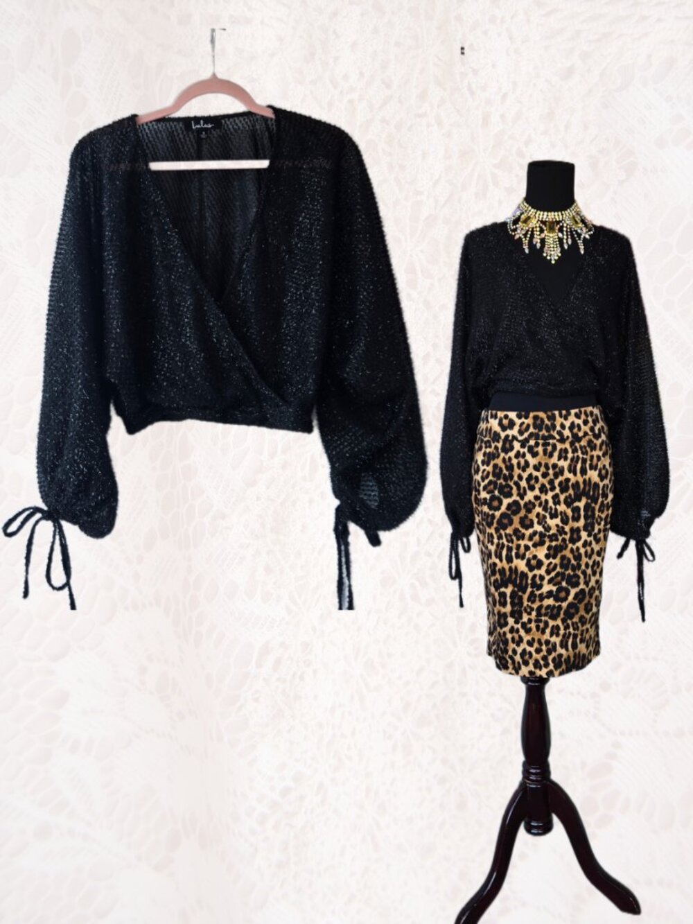 Lulu's Black Sparkle Crop Top Evening Blouse Balloon Sleeves Formal Party